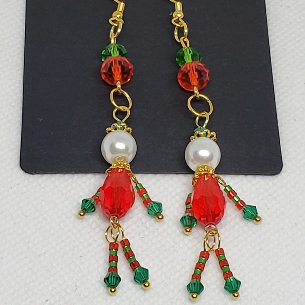 Handmade Red Green Whimsical Pearl Beaded Christmas Elf Dangle Earrings